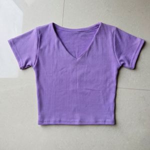 Purple V-Neck Ribbed Crop Top