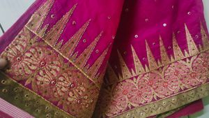 Vibrant Pink Embroidered Raw Silk Saree
