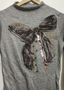 Grey Winter Butterfly Print Full Sleeves Top