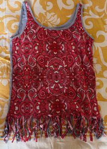 Patterned Tank Top with Fringe