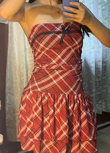 Red Plaid Strapless tube Mini Dress