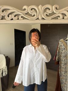 White Pearl Embellished Button-Up Shirt