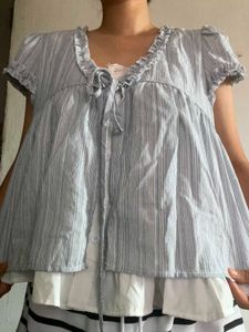 Striped Ruffle Neck Tie-Up Top