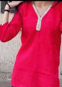 Red Kurta with Embellished Neckline