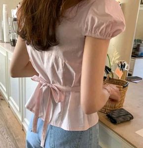 Savana Form fitting Puff Sleeve Pink tie up top