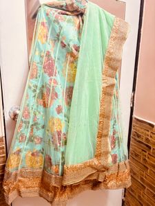 Pastel green lehenga with golden sequin blouse