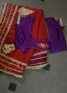 Embroidered Red & Purple Saree with Blouse