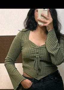 Ribbed Tie-Front Long Sleeve Top