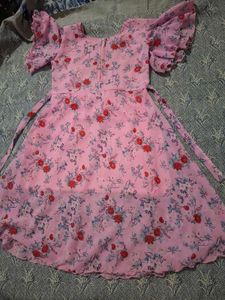 Pink Floral Gown with Ruffle Sleeves