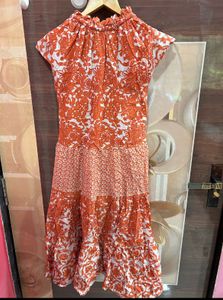 Boho Orange Floral Tiered Midi Dress