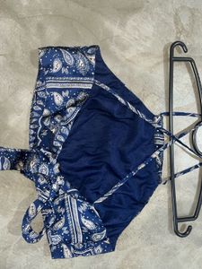 Navy Blue Paisley Print Halter Top with Tie Back