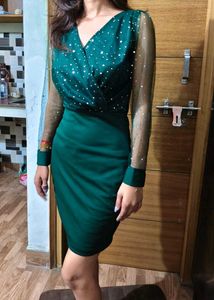 Sparkly Mesh Sleeve V-Neck Dress
