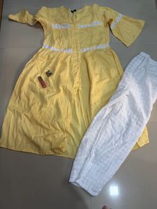 Plus size New yellow Kurta white pants set