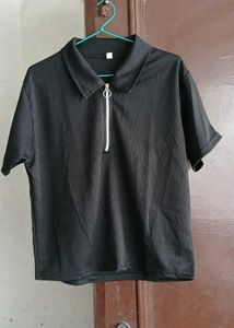 Women's Ribbed Half-Zip Collar Crop Top