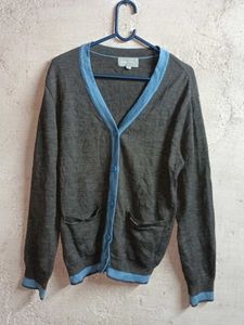 Classic Grey Cardigan with Blue Trim