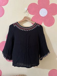 Embroidered Black Boho Blouse