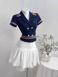 Chic Navy Double-Breasted Crop Top
