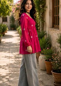 Vibrant Pink Bandhani Kurta-XS