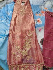 Embroidered fendi silk suit 4 side lace dupatta