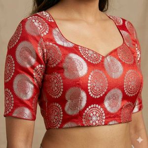 Red Brocade Blouse with Silver Motifs