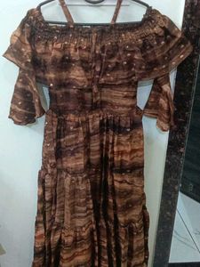 Brown Tiered Off-Shoulder Gown