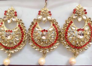 Elegant Gold & Red Earrings and mangtika set