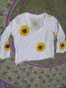 White Sunflower Print Top