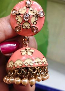 Elegant Coral Jhumka Earrings with Pearl Dangles