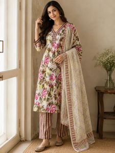 Floral Print Kurta with Striped Pants