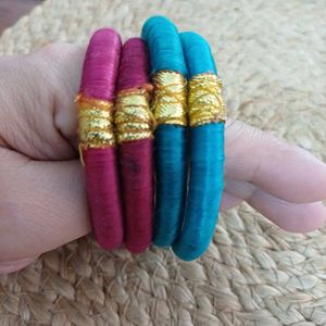Set of 4 Silk Thread Bangles in Majenta n Blue