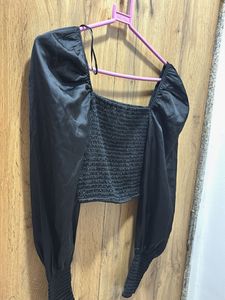 Black Smocked Square Neck Top