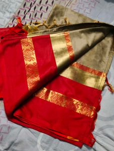 2 Saree Combo - Red &amp; Gold, Pink &amp; Blue
