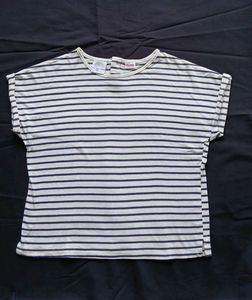 White and Navy Striped Short-Sleeve Top.