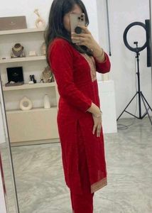 Vibrant Red Kurta Set with Embellished Neckline