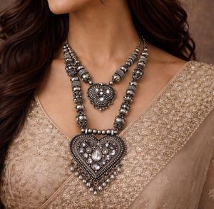 Oxidised Silver Heart Necklace Set