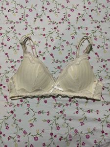 Cream Striped Lace Trim Bra