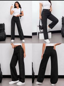Chic Black Wide Leg Jeans with Embellished Stripes
