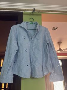 Light Blue Eyelet Button-Up Shirt