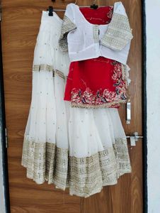 White &amp; Red Sequinned Lehenga Choli