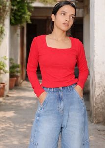 Red Square Neck Long Sleeve Top