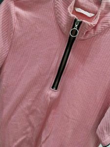 Pink Zip Neck Ribbed Top