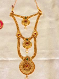 Elegant Gold Necklace Set with Red & Green Stones