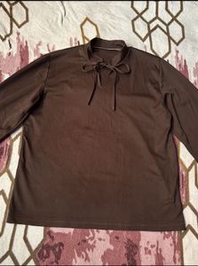 Chic Brown Long Sleeve Tie Neck Top