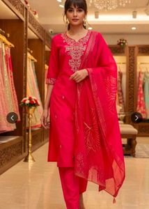 Vibrant Pink Embroidered Kurta Set with Dupatta