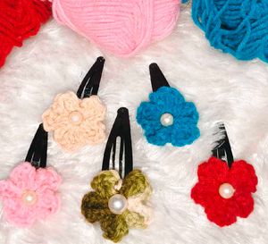 Handmade Crochet Flower Hair Clips 6 pcs