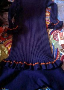 Navy Blue Ribbed Dress with Orange Trim