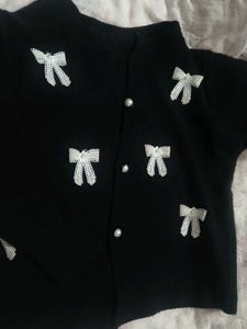 Bow Embellished Black Cardigan