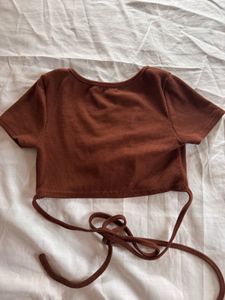 Brown Ring Detail Tie-Up Crop Top