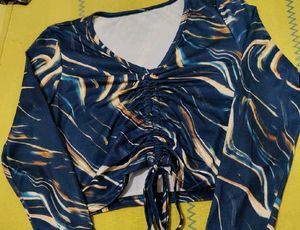 Blue Ruched Front Long Sleeve Crop Top