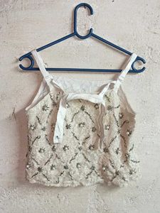 Embellished White Lace Crop Top